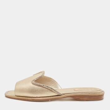 Pre Owned René Caovilla Metallic Gold Leather Mules Size 36