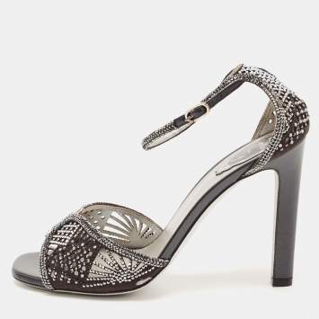 Pre Owned René Caovilla Black Suede Crystal Embellished Ankle Strap Sandals Size 39