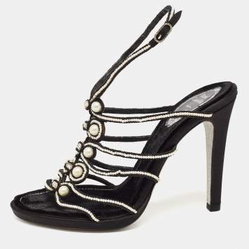 Pre Owned René Caovilla Black Cord Embellished Pearl Slingback Sandals Size 39