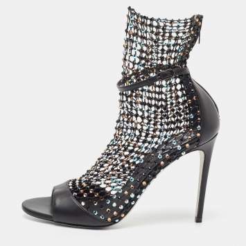 Pre Owned Rene Caovilla Black Leather and Crystal Embellished Mesh Galaxia Sandals Size 40