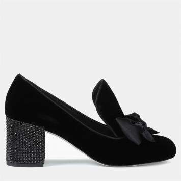 Pre Owned Rene Caovilla Black Velvet Block Heel Pumps Size 36.5