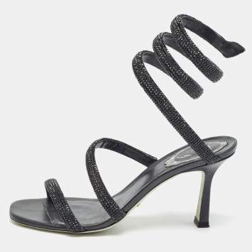Pre Owned René Caovilla Black Crystal Embellished Satin Cleo Ankle Wrap Sandals Size 37  