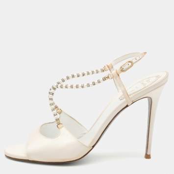 Pre Owned René Caovilla White Satin Embellished Slingback Sandals Size 40