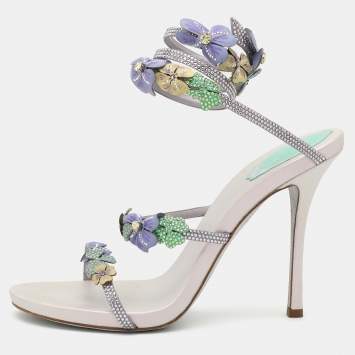 Pre Owned René Caovilla Multicolor Embellished Satin Ankle Cuff Sandals Size 40