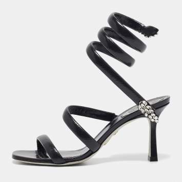 Pre Owned René Caovilla Black Textured Leather Crystal Embellished Cleo Sandals Size 38