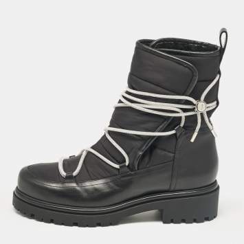 Pre Owned René Caovilla Black Leather and Nylon Ankle Length Boots Size 41