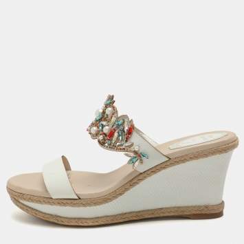 Pre Owned René Caovilla White Leather Embellished Slide Sandals Size 39
