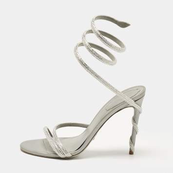 Pre Owned René Caovilla Silver Leather Cleo Ankle Strap Sandals Size 38