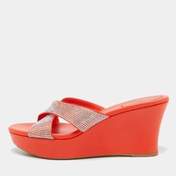 Pre Owned René Caovilla Orange Satin Crystal Embellished Platform Wedge Sandals Size 39