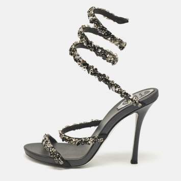 Pre Owned René Caovilla Black Satin Crystal Embellished Cleo Sandals Size 38.5