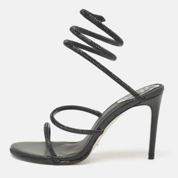 Pre Owned Rene Caovilla Black Satin and Leather Cleo Crystal Embellished Sandals Size 40