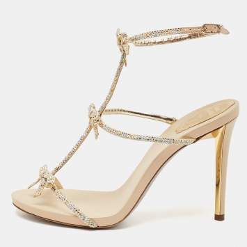 Pre Owned René Caovilla Beige Leather and Crystal Caterina Sandals Size 40