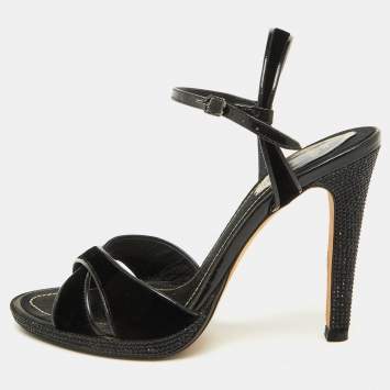 René Caovilla Black Velvet and Patent Leather Ankle Strap Sandals Size 37