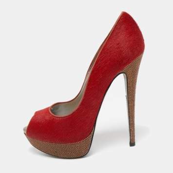 René Caovilla Red Calf Hair Crystal Embellished Platform Peep Toe Pumps Size 38