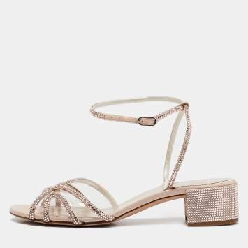 Pre Owned René Caovilla Metallic Beige PVC and Leather Crystal Embellished Ankle Wrap Sandals Size 37.5