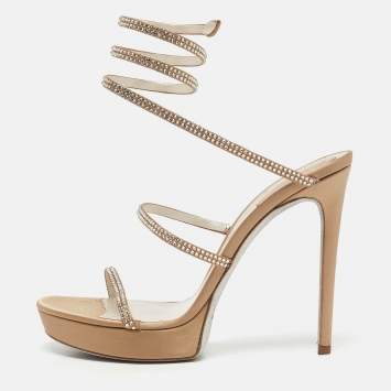René Caovilla Beige Satin Cleo Ankle Wrap Sandals Size 41
