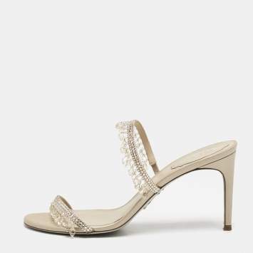 Pre Owned René Caovilla Beige Suede Crystal Embellished Chandelier Slide Sandals Size 38
