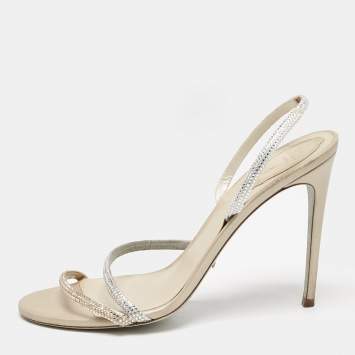 Pre Owned René Caovilla Metallic Leather and Satin Ellabrita Slingback Sandals Size 41