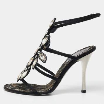 René Caovilla Black Satin Crystals Embellished T-Strap Sandals Size 37
