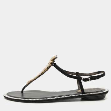 René Caovilla Black Suede Crystal Embellished Thong Sandals Size 37