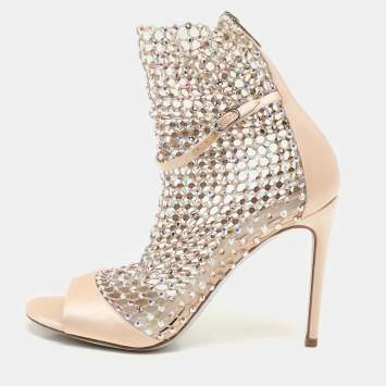 Rene Caovilla Beige Satin and Crystal Embellished Mesh Galaxia Sandals Size 37
