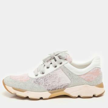 René Caovilla Pink/White Lace and Leather Crystal Embellished Low Top Sneakers Size 37
