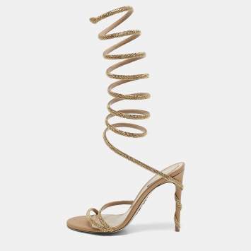 Pre Owned René Caovilla Gold Leather Ankle Strap Sandals Size 38