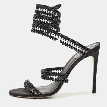 René Caovilla Black Satin Chandelier Ankle Strap Sandals Size 40