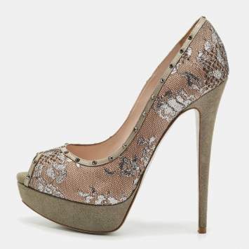 René Caovilla Multicolor Lace and Satin Crystal Embellished Platform Pumps Size 38