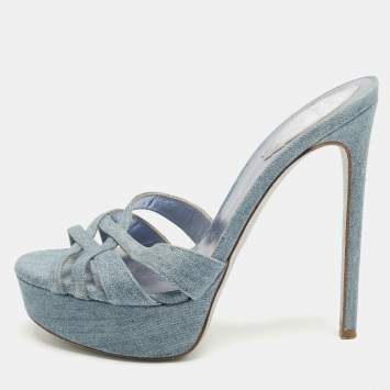 Pre Owned René Caovilla Blue Denim Strappy Platform Slide Sandals Size 37