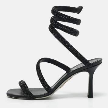 René Caovilla Black Satin Crystal Embellished Cleo Sandals Size 37