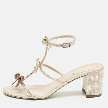 Pre Owned René Caovilla Pink Crystal Embellished Satin Sandals Size 38