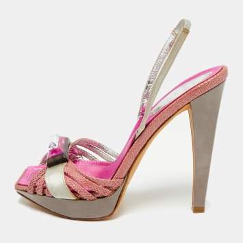 Pre Owned René Caovilla Two Tone Satin and Canvas Crystal Embellished Slingback Sandals Size 36