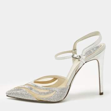 Pre Owned René Caovilla Silver Karung Leather and Mesh Slingback Pumps Size 41