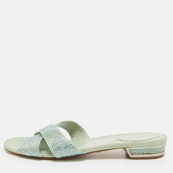 René Caovilla Blue Satin Crystal Embellished Flat Slides Size 41
