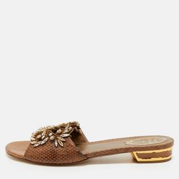 Pre Owned René Caovilla Brown Snakeskin Leather Crystal Embellished Flat Sandals Size 41