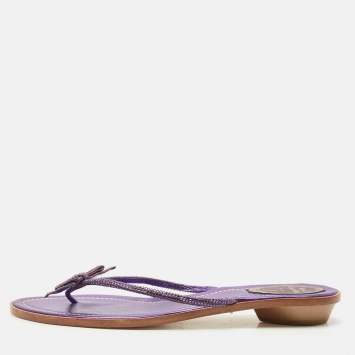 Pre Owned René Caovilla Purple Satin Crystal Embellished Bow Thong Flat Slides Size 40