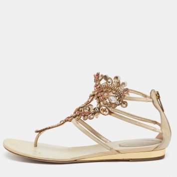 Pre Owned René Caovilla Gold Leather Crystals Embellished T Strap Flats Size 38