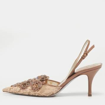 Pre Owned René Caovilla Golden Lace And Leather Crystals Embellished Veneziana Slingback Pumps Size 38