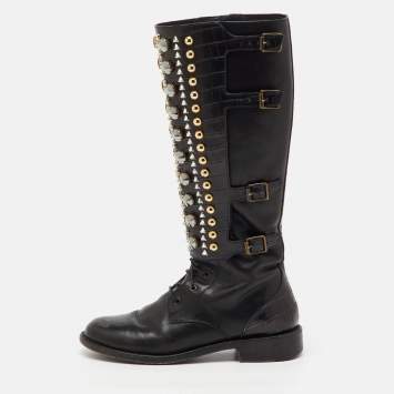 Pre Owned René Caovilla Black Croc Embossed and Leather Crystal Studded Knee Boots Size 36.5