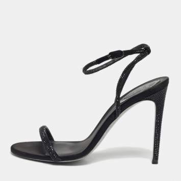 مملوكة مسبقًا صندل رينيه كوفيللا ساتان أسود مزخرف كريستال برباط حول الكاحل مقاس 38