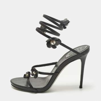 Pre Owned René Caovilla Cleo Size 38 Black Leather and Snakeskin Embossed Leather Ankle Strap Sandals