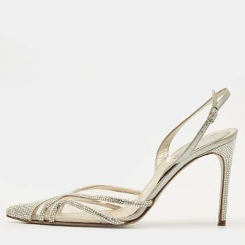 مملوكة مسبقًا René Caovilla Size 36 Transparent/Silver Leather and PVC Crystal Embellished Slingback Pumps