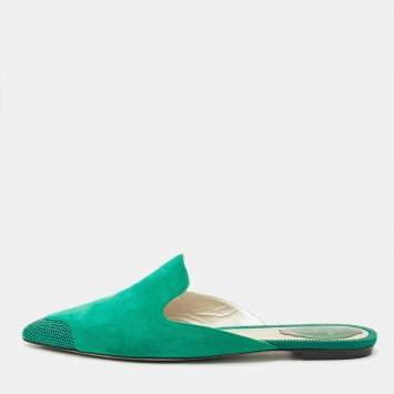 مملوكة مسبقًا René Caovilla Size 39 Green Suede Crystal Embellished Flat Mules