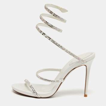 Pre Owned René Caovilla Cleo Crystal Embellished Size 37 White Satin Ankle Strap Sandals