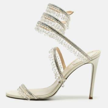 Pre Owned René Caovilla Cleo Size 39 Cream Leather Crystal Embellished Ankle Strap Sandals