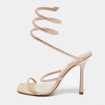 مملوكة مسبقًا René Caovilla Cleo Size 38 Beige Leather and Satin Crystal Embellished Ankle Strap Sandals