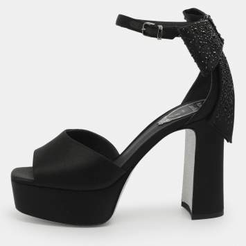 Pre Owned René Caovilla Size 37 Black Satin Ankle Strap Platform Sandals