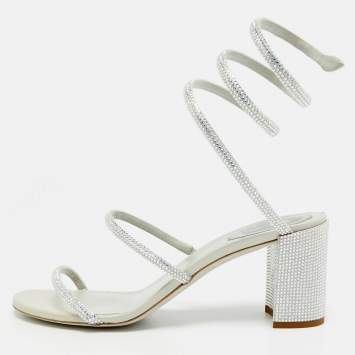 Pre Owned صندل برباط حول الكاحل رينيه كوفيلا مزين بالكريستال وشبك أبيض حجم 41