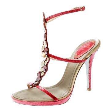 Pre Owned  René Caovilla Red Embossed Python Leather Crystal Embellished Ankle Strap Sandals Size 38.5